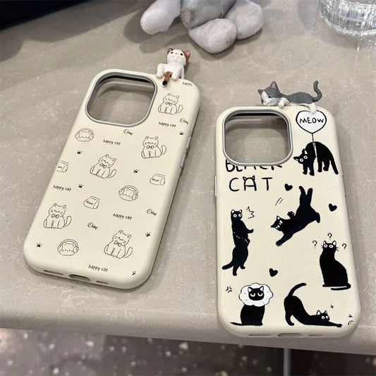 Funny Black Kitten 3D Doll Case Compatible for IPhone 15 11 16 12 14 13 Pro Max 15 16 Plus XR X XS Max Leather Texture Case ﻿
