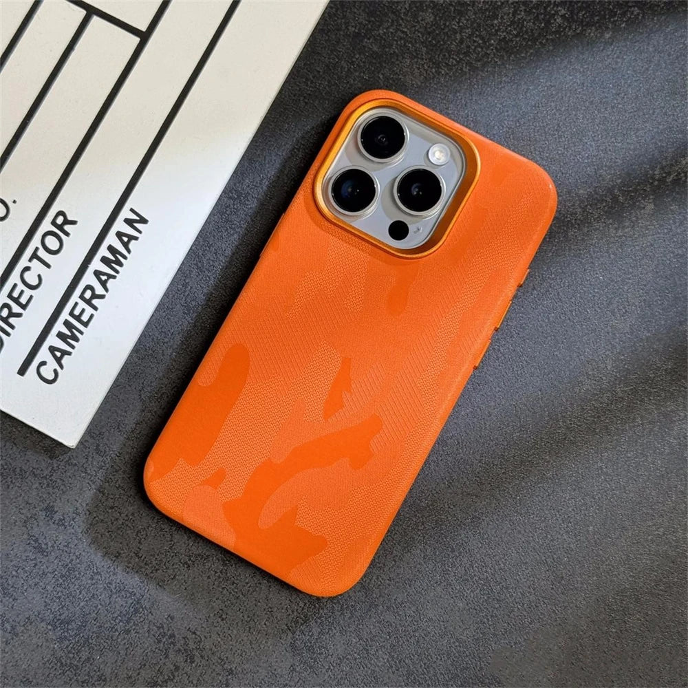 Luxury Camouflage Leather Shockproof Armor Magnetic Case For iPhone 16 Pro 15 14 13 12 Pro Max MagSafe Wireless Charge Cover