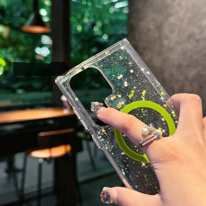 Transparent for Magsafe Glitter Flower Case for Samsung Galaxy S25 Ultra S25 Edge S24 Plus FE Magnetic Wireless Charging Cover