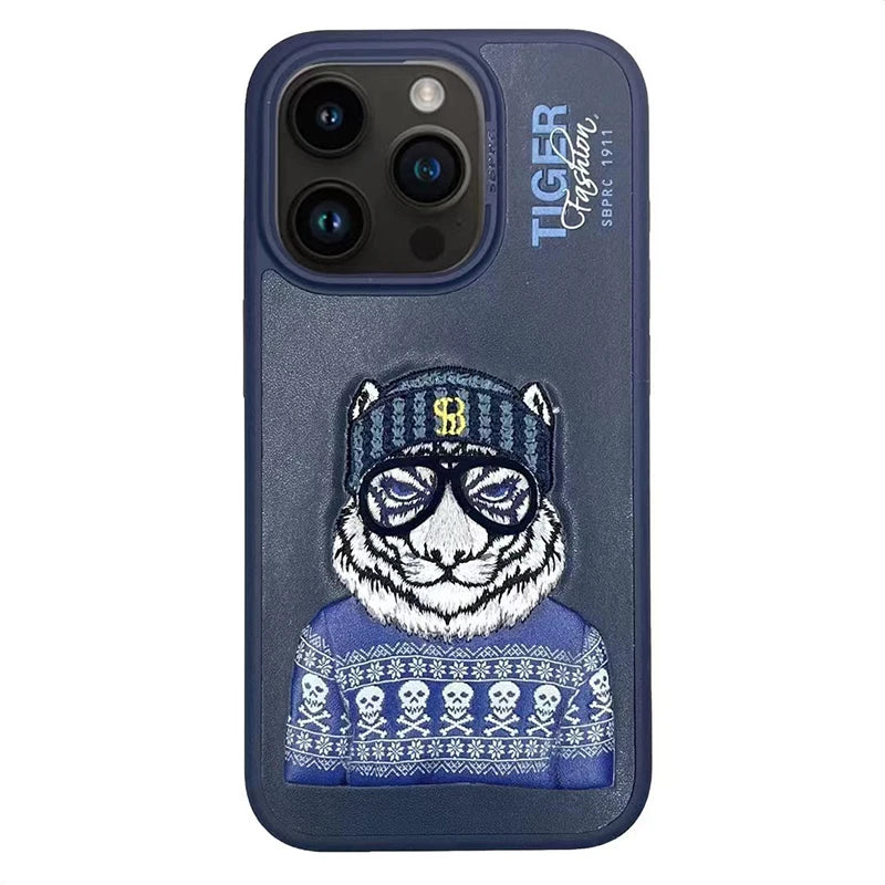 3D Embroidered Cute Dog Wolf Tiger Leopard Leather Phone Case For iPhone 15 Pro Max Protective Cover For iPhone 15 Pro 15 Plus