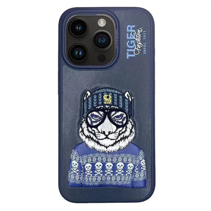 3D Embroidered Cute Dog Wolf Tiger Leopard Leather Phone Case For iPhone 15 Pro Max Protective Cover For iPhone 15 Pro 15 Plus