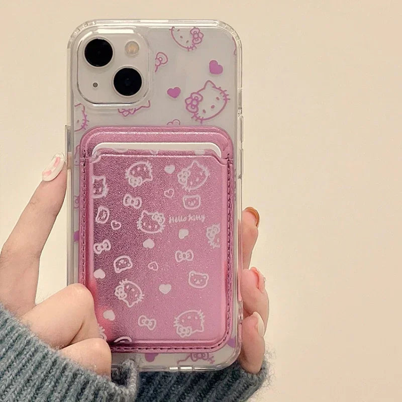 Cute Sanrio Hello Kitty Magnetic Wallet Holder Magsafe Wireless Charge Phone Case For iPhone 16 15 14 13 12 Pro Max Hard Cover