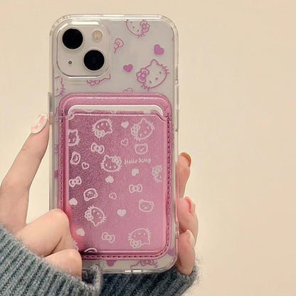 Cute Sanrio Hello Kitty Magnetic Wallet Holder Magsafe Wireless Charge Phone Case For iPhone 16 15 14 13 12 Pro Max Hard Cover