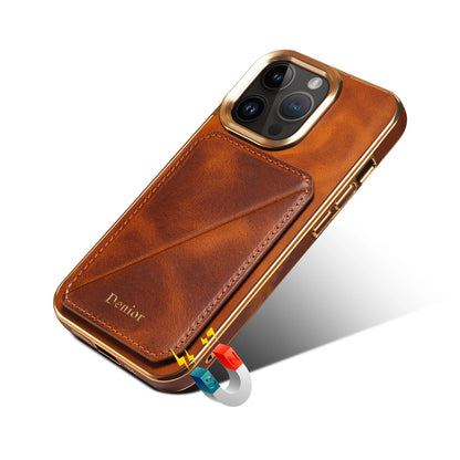 Cowhide Leather Card Holder Phone Case For iPhone 16 15 14 13 12 Pro Max 16Plus Magnetic Wallet Plating Shell Shockproof Cover