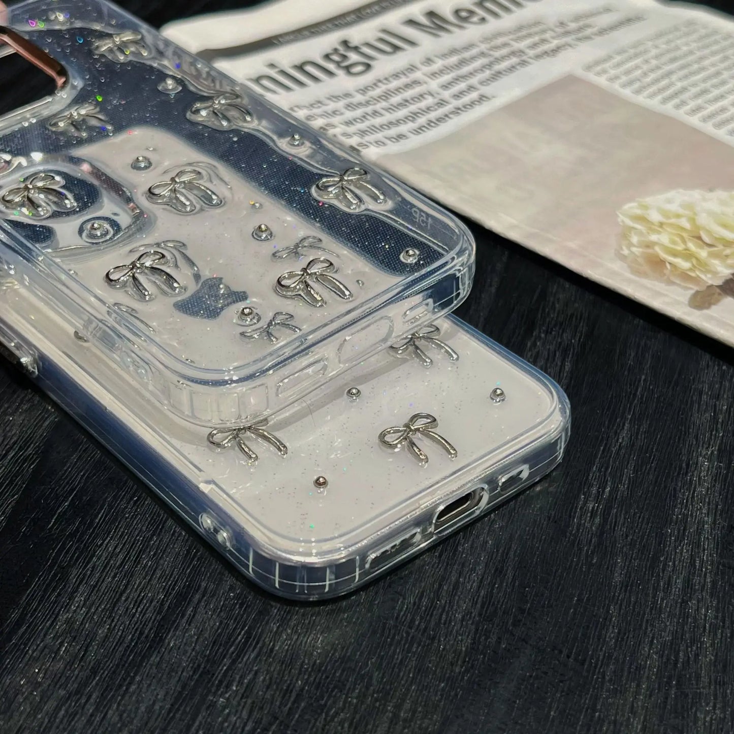 Luxury Clear Bling Glitter Bow Phone Case For iPhone 16 15 14 13 12 11 Pro Max Plus Transparent Silicone Shockproof Bumper Cover