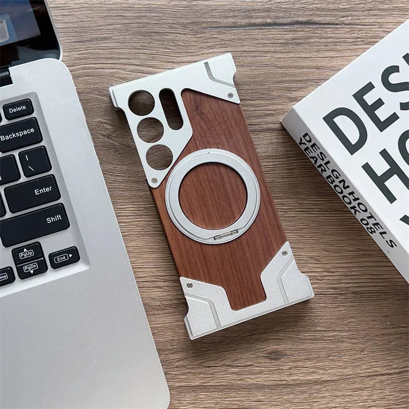 Samsung S22-S25 Ultra Walnut Wood Case - Magnetic 360° Rotating Cover | PhonelyHub