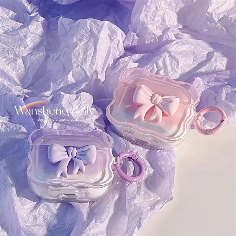 Ins 3D Bow Wave Case for Apple AirPods 1 2 4 Cases Pink Floral Girls Cover for AirPods 3 Air Pods Pro Wireless Box With Keychain