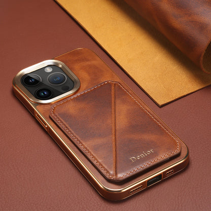 Cowhide Leather Card Holder Phone Case For iPhone 16 15 14 13 12 Pro Max 16Plus Magnetic Wallet Plating Shell Shockproof Cover