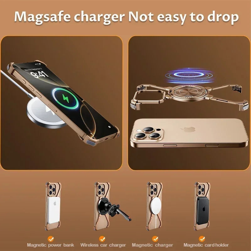 Eary Minimalist Phone Case for iPhone 16 15 14 13 Pro Max with MagSafe Stand 360° Rotatable Aluminum Metal Frameless Cover