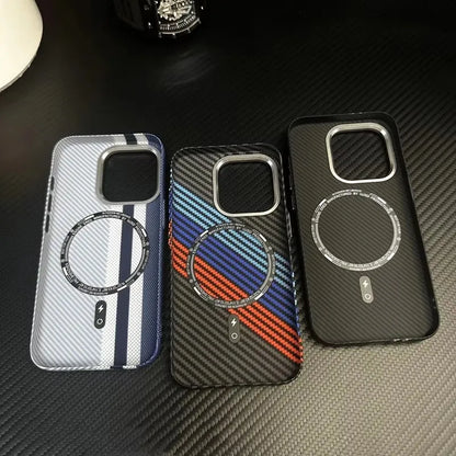 Ultra-Thin Carbon Fiber Texture MagSafe Phone Case For iPhone 16 15 14 13 12 Pro Max Wireless Charging Alloy Lens Hard PC Cover