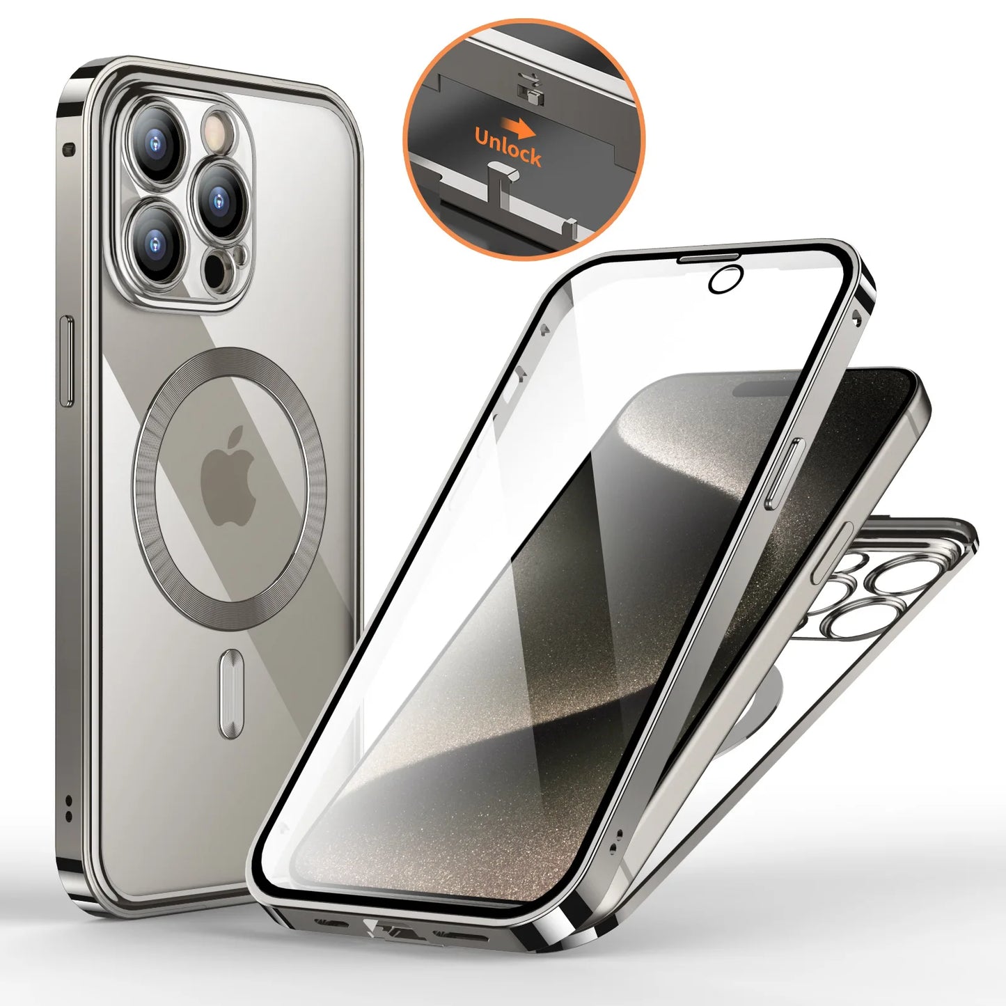 Aluminum Alloy Frame Protective Case ,For iPhone 15 14 Pro Max Magnetic Galaxy Wireless Charging HD Full Screen Protective Box