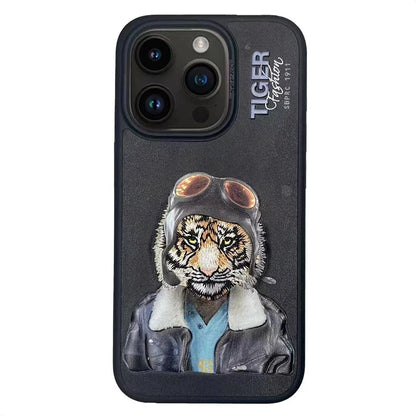 3D Embroidered Cute Dog Wolf Tiger Leopard Leather Phone Case For iPhone 15 Pro Max Protective Cover For iPhone 15 Pro 15 Plus