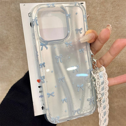 Luxury Korean Cute Aurora Blue Laser Bowknot Case For iPhone 16 15 14 13 Pro Max With Pendant Protective Shell Cover Girl Gift