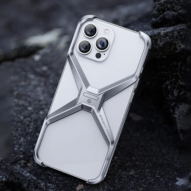 X Type Aluminum Alloy Rimless Phone Case For iPhone 13 15 14 16 Pro Max Metal Removable Heat Dissipation Armor Shockproof  Cover