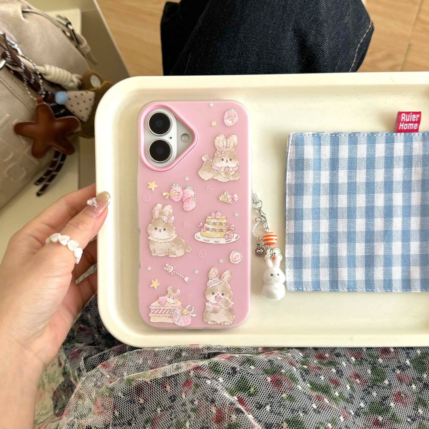 Pink rabbit bunny imd phone case for iphone 15 14 promax 13 16 pro max ins animal cute cartoon lovely back cover