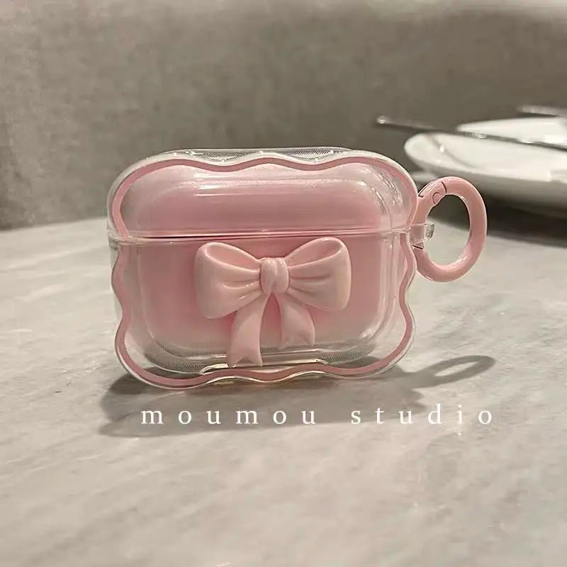 Ins 3D Bow Wave Case for Apple AirPods 1 2 4 Cases Pink Floral Girls Cover for AirPods 3 Air Pods Pro Wireless Box With Keychain