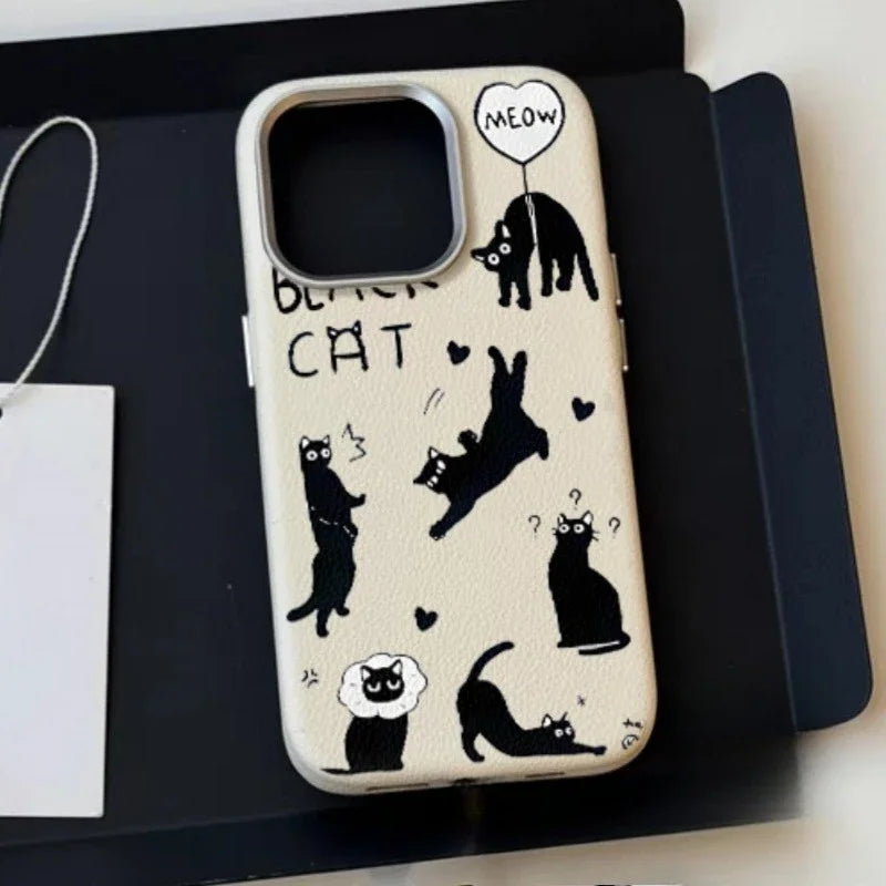 Funny Black Kitten 3D Doll Case Compatible for IPhone 15 11 16 12 14 13 Pro Max 15 16 Plus XR X XS Max Leather Texture Case ﻿