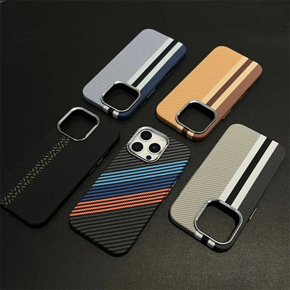 Ultra-Thin Carbon Fiber Texture MagSafe Phone Case For iPhone 16 15 14 13 12 Pro Max Wireless Charging Alloy Lens Hard PC Cover