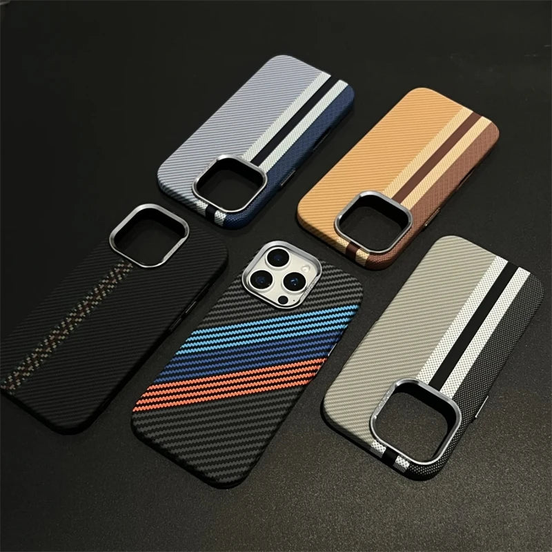 Ultra-Thin Carbon Fiber Texture MagSafe Phone Case For iPhone 16 15 14 13 12 Pro Max Wireless Charging Alloy Lens Hard PC Cover