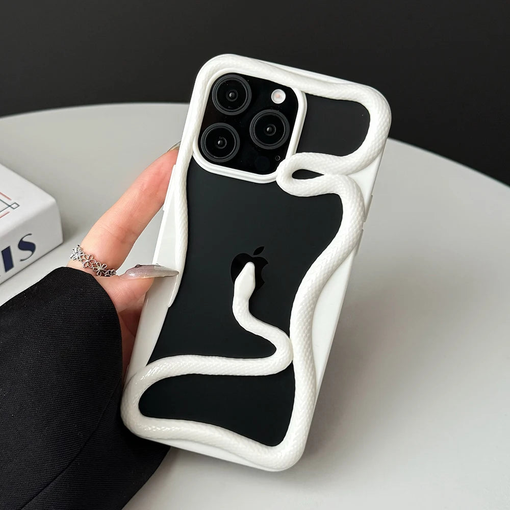 Cool 3D Snake Hollow Dissipate Heat Phone Case For iPhone 16 15 14 13 12 11 Pro Max Luxury White Shockproof Soft Silicone Cover