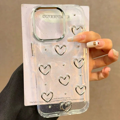 Korea Glitter 3D Silver Love Heart Phone Case For iPhone 16 15 14 13 12 11 Pro Max 7 8 Plus X XS Epoxy Shell Girl Clear Cover