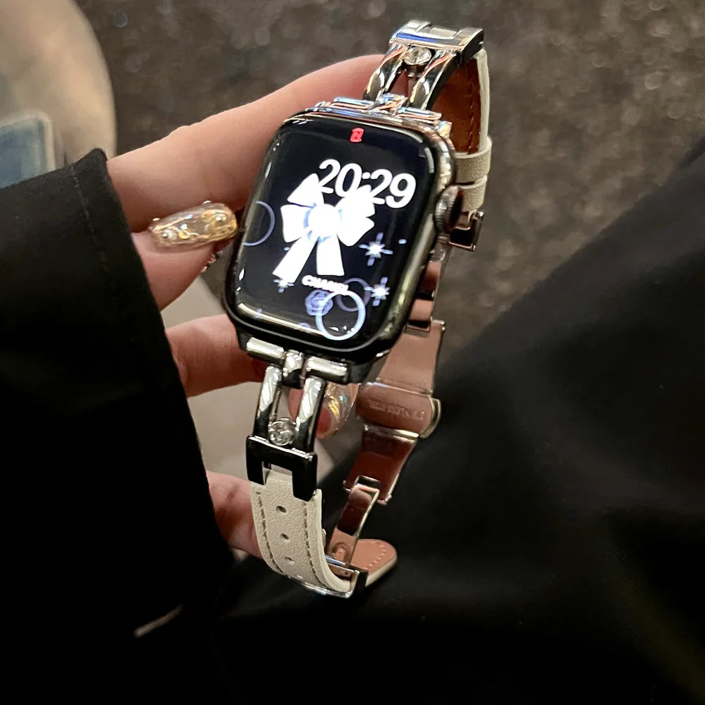 Luxury Slippable Diamonds Leather Band For Apple Watch Strap 10 8 9 SE 7 Ultra Women Wrist Bracelet For iWatch 45 42 46 49 41