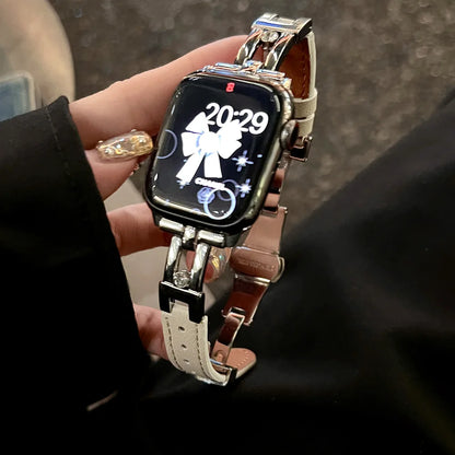 Luxury Slippable Diamonds Leather Band For Apple Watch Strap 10 8 9 SE 7 Ultra Women Wrist Bracelet For iWatch 45 42 46 49 41