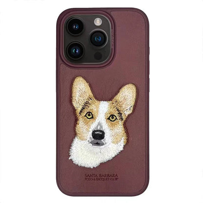 3D Embroidered Cute Dog Wolf Tiger Leopard Leather Phone Case For iPhone 15 Pro Max Protective Cover For iPhone 15 Pro 15 Plus