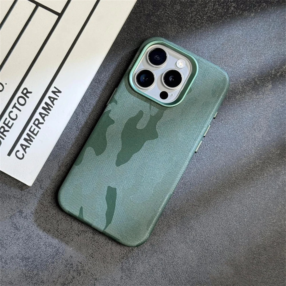 Luxury Camouflage Leather Shockproof Armor Magnetic Case For iPhone 16 Pro 15 14 13 12 Pro Max MagSafe Wireless Charge Cover