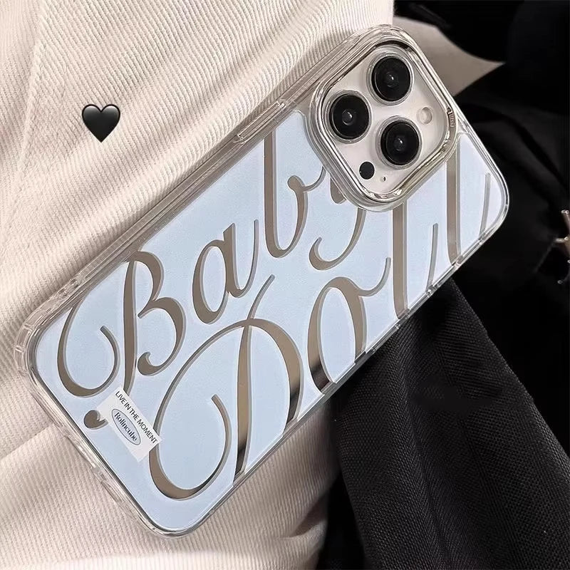 Blue/Silver Mirror iPhone Case – Clear Frame with English Text – PhonelyHub