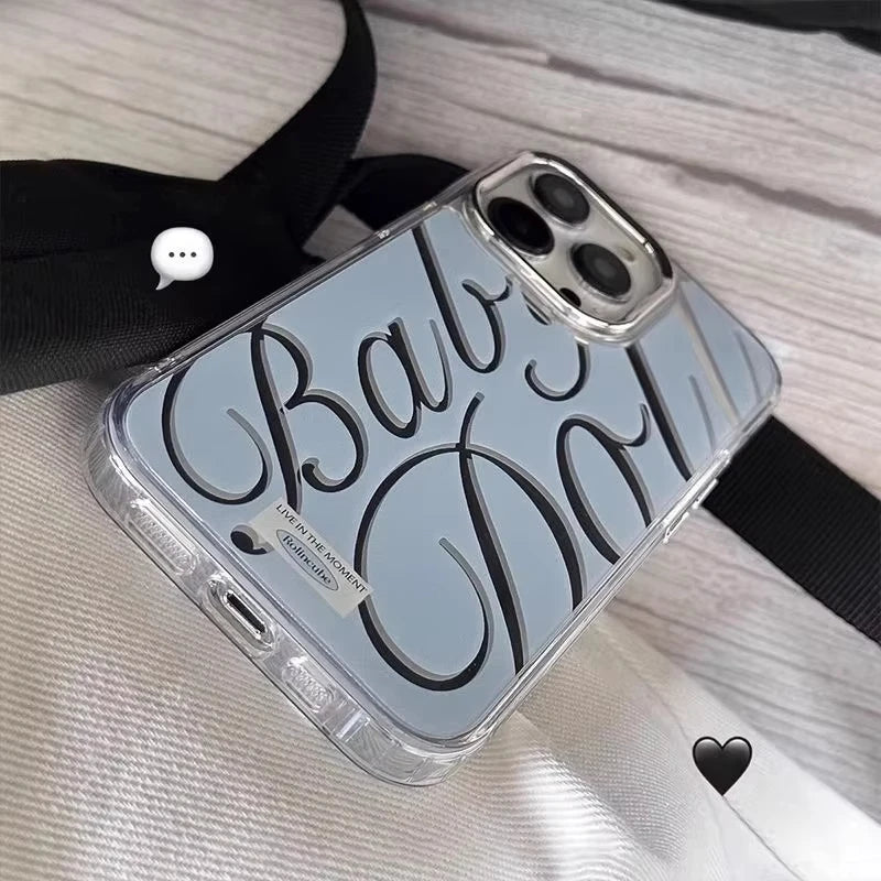 Blue/Silver Mirror iPhone Case – Clear Frame with English Text – PhonelyHub