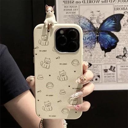 Funny Black Kitten 3D Doll Case Compatible for IPhone 15 11 16 12 14 13 Pro Max 15 16 Plus XR X XS Max Leather Texture Case ﻿
