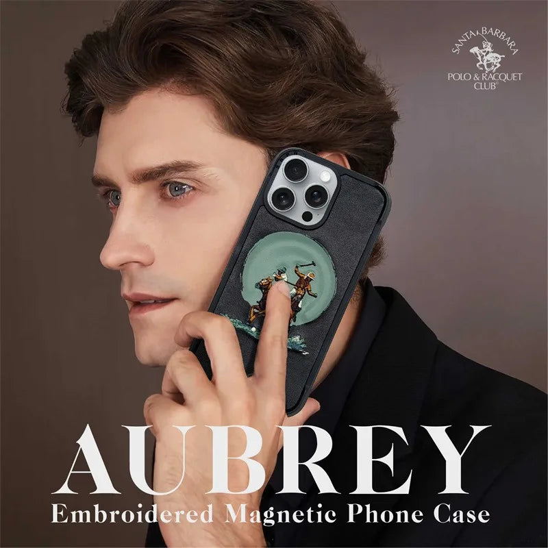 3D Embroidered Leather Case For iPhone 16 Pro Max Magnetic Protective Cover For iPhone 16 Pro Brown Grey Aubrey Horse Case