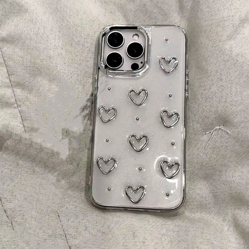 Korea Glitter 3D Silver Love Heart Phone Case For iPhone 16 15 14 13 12 11 Pro Max 7 8 Plus X XS Epoxy Shell Girl Clear Cover