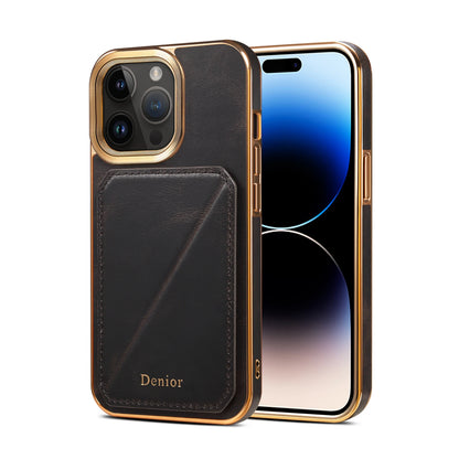 Cowhide Leather Card Holder Phone Case For iPhone 16 15 14 13 12 Pro Max 16Plus Magnetic Wallet Plating Shell Shockproof Cover