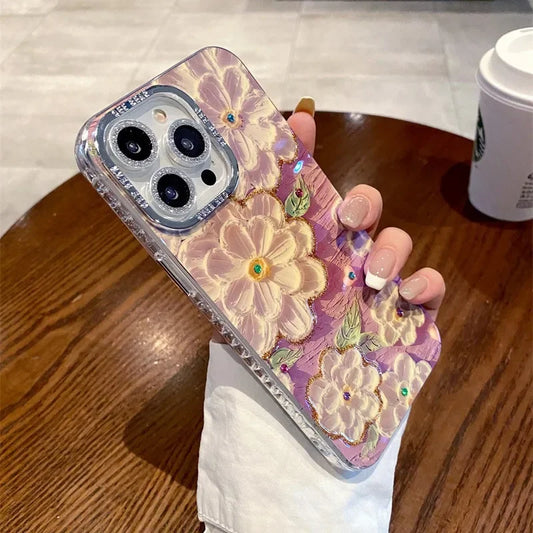 Luxury Blue Light Drill Flower Design Suitable For iPhone 15 Pro Max Case 14 Glitter Film 13 Pro Korean Style