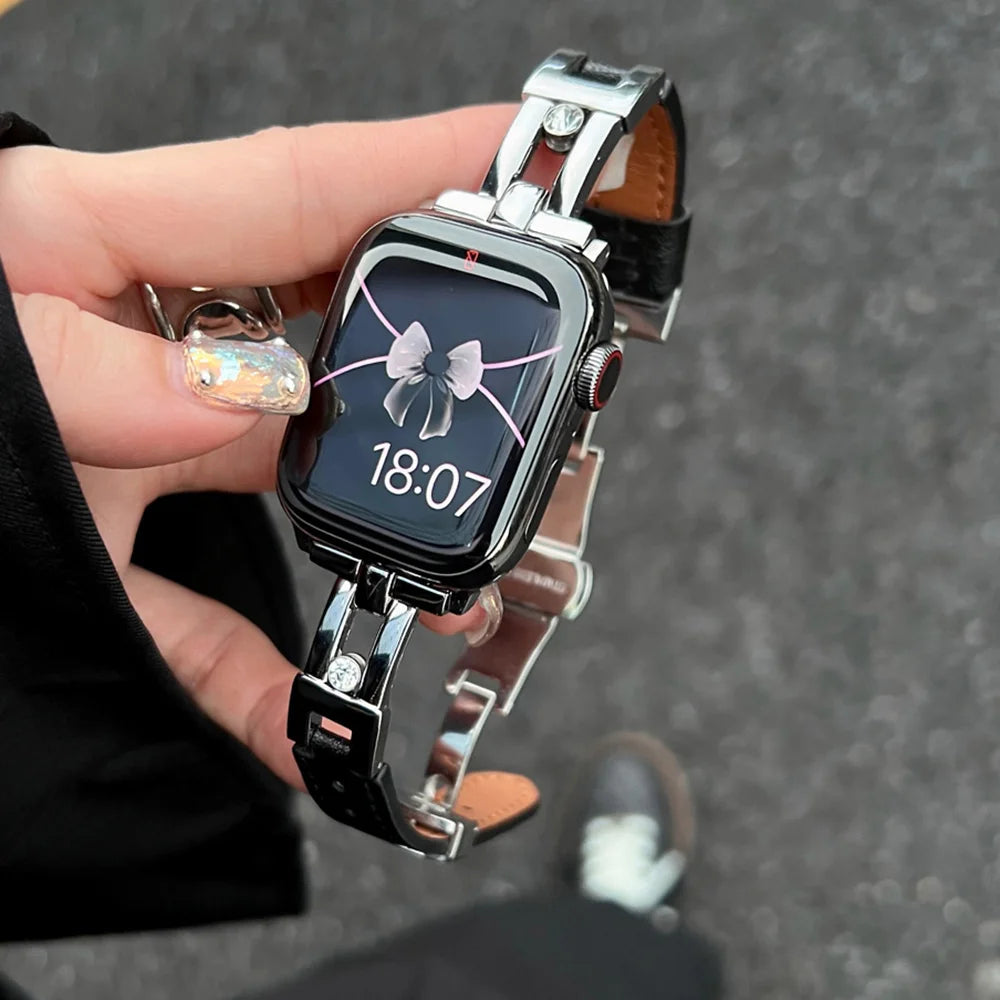 Luxury Slippable Diamonds Leather Band For Apple Watch Strap 10 8 9 SE 7 Ultra Women Wrist Bracelet For iWatch 45 42 46 49 41