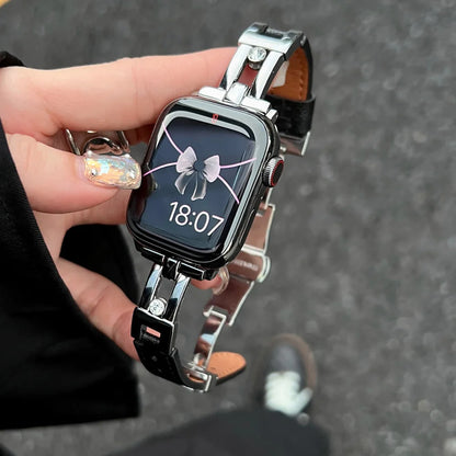 Luxury Slippable Diamonds Leather Band For Apple Watch Strap 10 8 9 SE 7 Ultra Women Wrist Bracelet For iWatch 45 42 46 49 41