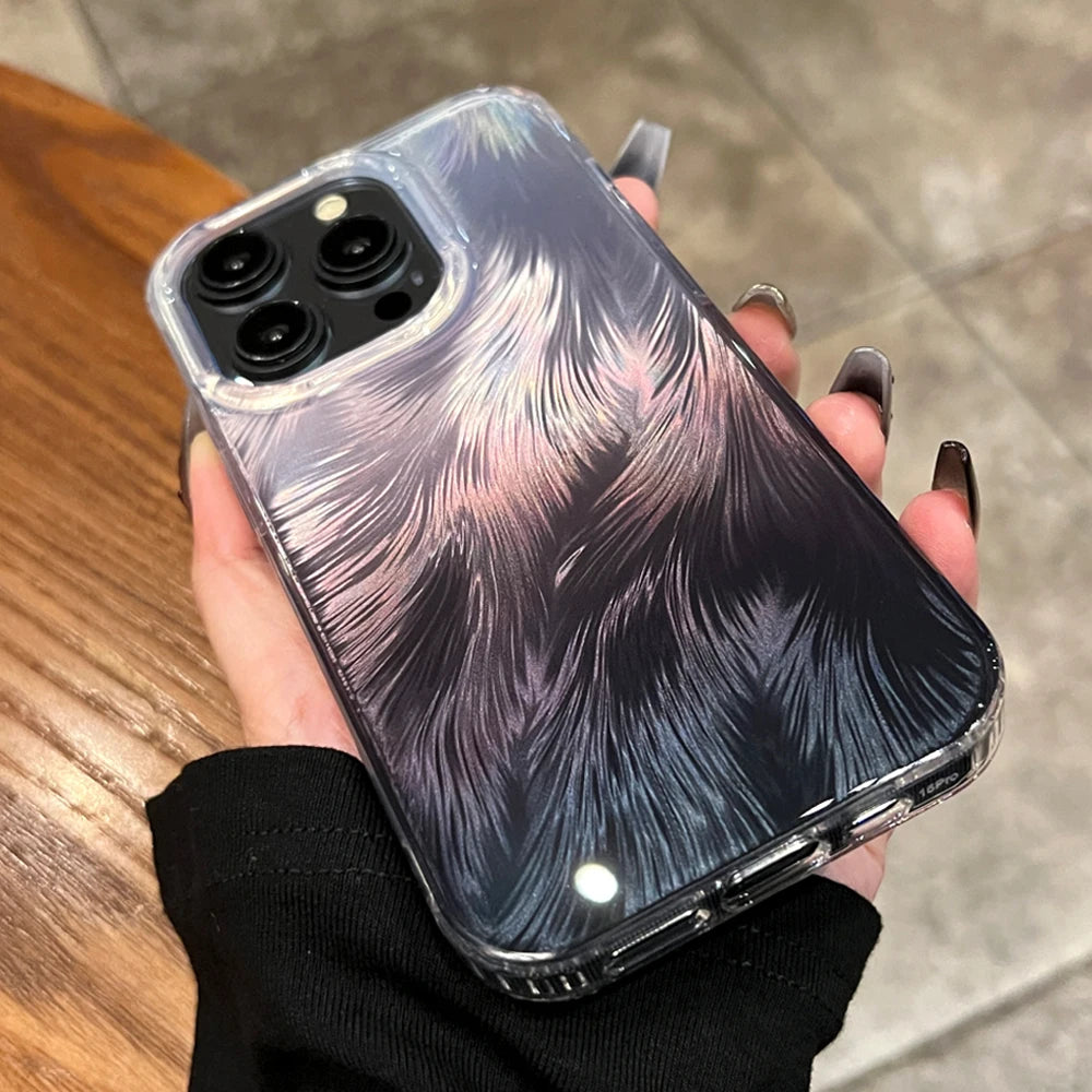Luxury Aurora Laser Gradient Feather Case For iPhone 16 15 14 13 12 11 Pro Max Bling Dream Glitter Clear Shockproof Bumper Cover