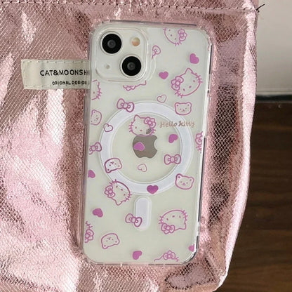 Cute Sanrio Hello Kitty Magnetic Wallet Holder Magsafe Wireless Charge Phone Case For iPhone 16 15 14 13 12 Pro Max Hard Cover
