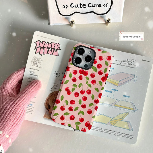 Full Screen Cherry Phone Case for iPhone 16 15 14 13 12 11 X XS XR XSMAX 7 8 Pro Max Plus Luxury BURGA Double-layer Back Cover