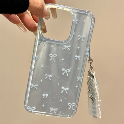 Luxury Korean Cute Aurora Blue Laser Bowknot Case For iPhone 16 15 14 13 Pro Max With Pendant Protective Shell Cover Girl Gift