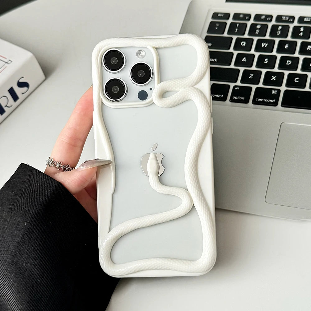 Cool 3D Snake Hollow Dissipate Heat Phone Case For iPhone 16 15 14 13 12 11 Pro Max Luxury White Shockproof Soft Silicone Cover