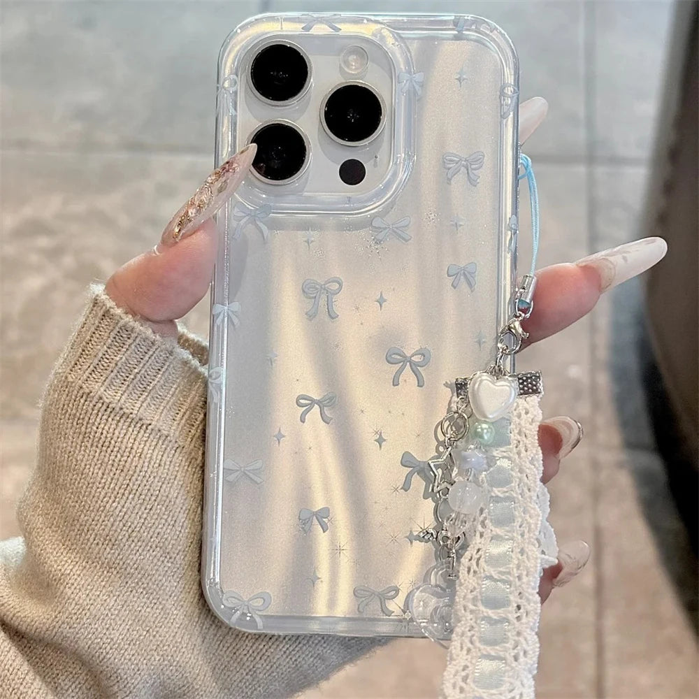 Luxury Korean Cute Aurora Blue Laser Bowknot Case For iPhone 16 15 14 13 Pro Max With Pendant Protective Shell Cover Girl Gift