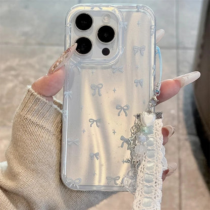 Luxury Korean Cute Aurora Blue Laser Bowknot Case For iPhone 16 15 14 13 Pro Max With Pendant Protective Shell Cover Girl Gift