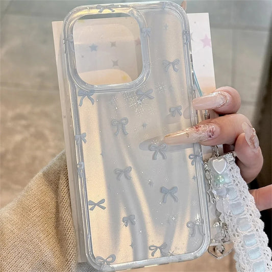 Luxury Korean Cute Aurora Blue Laser Bowknot Case For iPhone 16 15 14 13 Pro Max With Pendant Protective Shell Cover Girl Gift