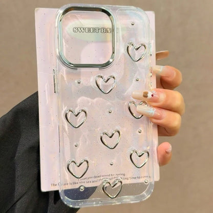 Korea Glitter 3D Silver Love Heart Phone Case For iPhone 16 15 14 13 12 11 Pro Max 7 8 Plus X XS Epoxy Shell Girl Clear Cover