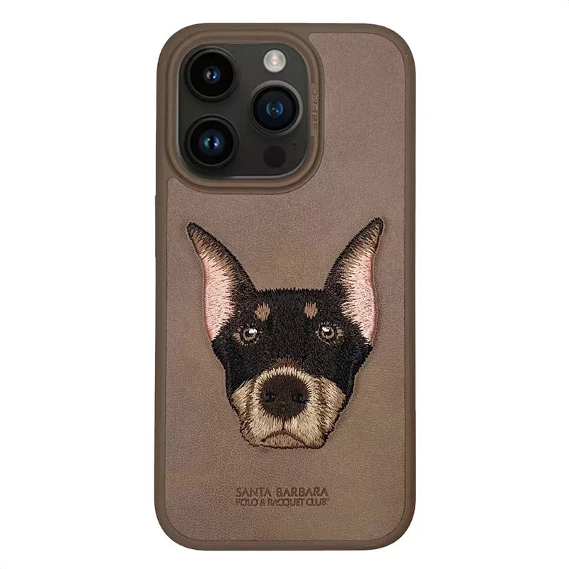 3D Embroidered Cute Dog Wolf Tiger Leopard Leather Phone Case For iPhone 15 Pro Max Protective Cover For iPhone 15 Pro 15 Plus