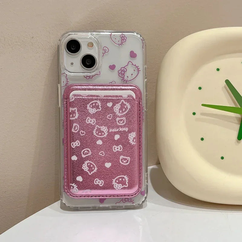 Cute Sanrio Hello Kitty Magnetic Wallet Holder Magsafe Wireless Charge Phone Case For iPhone 16 15 14 13 12 Pro Max Hard Cover