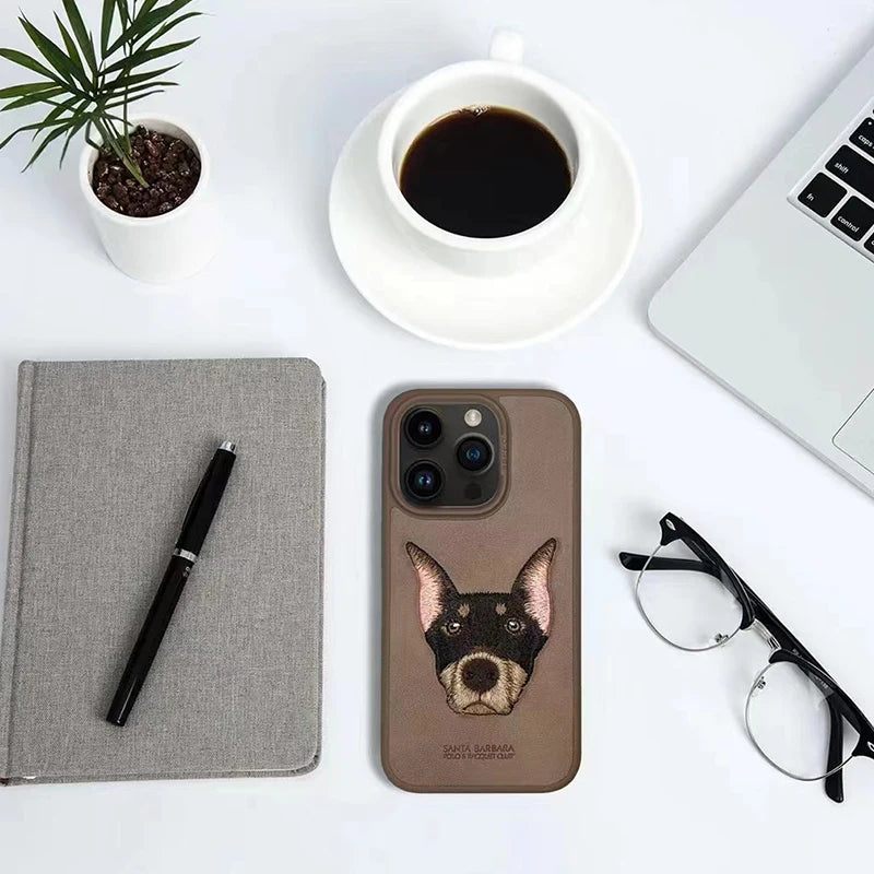 3D Embroidered Cute Dog Wolf Tiger Leopard Leather Phone Case For iPhone 15 Pro Max Protective Cover For iPhone 15 Pro 15 Plus